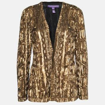 Pre Owned Ralph Lauren Gold Patterned Sequin Embellished Open Front Jacket M