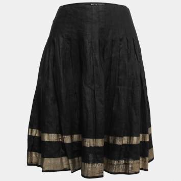 Pre Owned Ralph Lauren Black Linen Gold Striped Pleated Skirt M