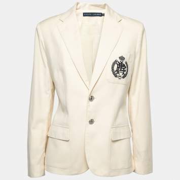 Pre Owned Ralph Lauren Cream Wool Crest Embroidered Blazer L
