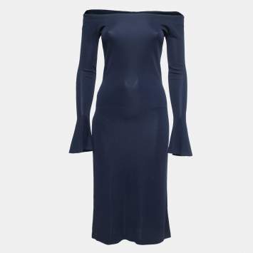 Pre Owned Ralph Lauren Navy Blue Jersey Knit Off Shoulder Midi Dress S