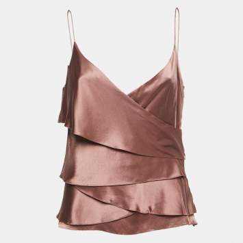 مملوكة مسبقًا Ralph Lauren Onion Pink Satin Silk Ruffled Top M