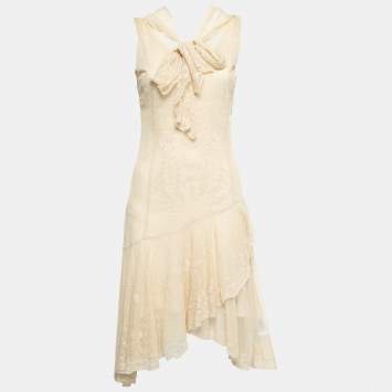 Pre Owned Ralph Lauren Beige Lace Asymmetric Hem Neck Tie Detail Midi Dress S