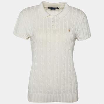 Pre Owned Ralph Lauren Cream Cotton Cable Knit Polo T-Shirt L