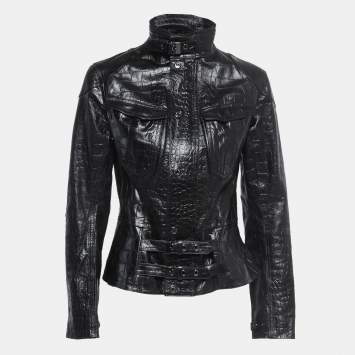 Pre Owned Ralph Lauren Black Croc Embossed Leather Zip Front Jacket M