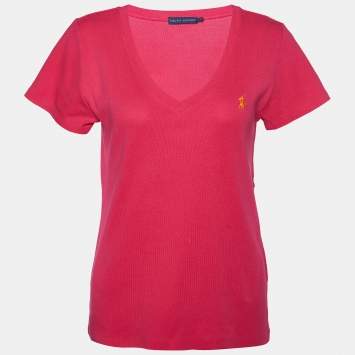 Pre Owned Ralph Lauren Pink Cotton Rib Knit V-Neck T-Shirt L