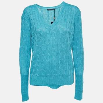 Pre Owned Ralph Lauren Blue Cable Knit V-Neck Sweater L