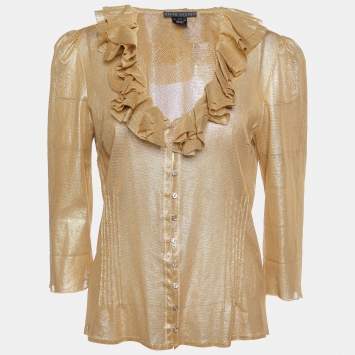 Pre Owned Ralph Lauren Gold Coated Mesh Ruffled Button Front Sheer Shirt L