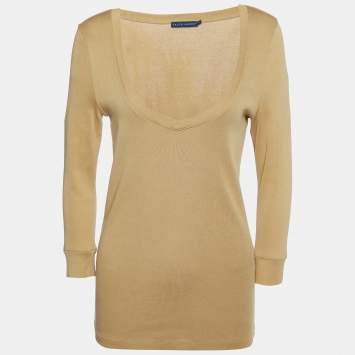 مملوكة مسبقًا Ralph Lauren Light Brown Cotton Knit Wide V-Neck T-Shirt L