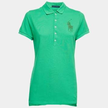 Pre Owned Ralph Lauren Green Cotton Glitter Logo Polo T-Shirt L