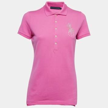 Pre Owned Ralph Lauren Pink Cotton Beaded Logo Polo T-Shirt M 
