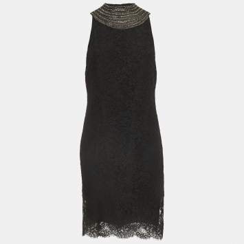 Pre Owned Ralph Lauren Black Floral Motif Lace Crystal Embellished A-Line Dress L