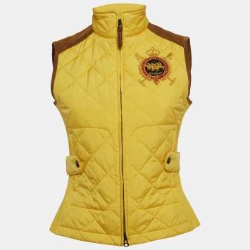 Pre Owned Ralph Lauren Sport Yellow Embroidered Suede Trim Synthetic Quilted Vest S