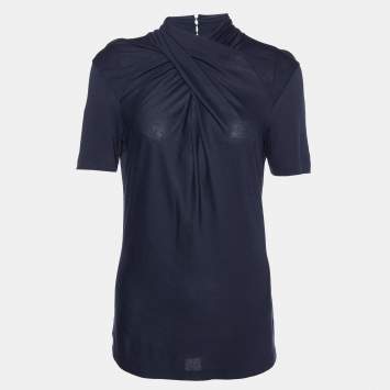 Pre Owned Ralph Lauren Navy Blue Cotton Jersey Cross Neck Top M