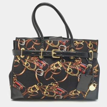Pre Owned Ralph Lauren Black/Multicolor Equestrian Print Canvas Belt Shopper Tote