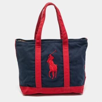 Pre Owned Ralph Lauren Navy Blue/Red Canvas Embroidered Tote