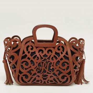 Pre Owned Ralph Lauren Brown Laser Cut Vachetta Leather Small Scroll Tote