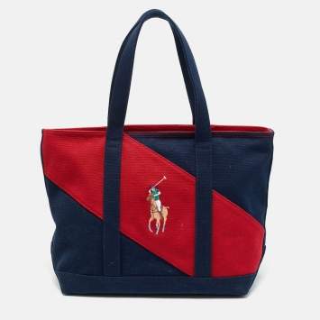 Pre Owned Ralph Lauren Navy Blue/Red Canvas Embroidered Tote