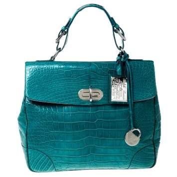 Pre Owned Ralph Lauren Turquoise Alligator Tiffin 33 Top Handle Bag