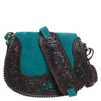 Pre Owned Ralph Lauren Turquoise Suede aand Leather Embroidered Saddle Bag