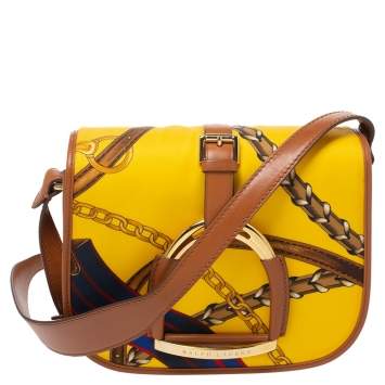 Pre Owned Ralph Lauren Yellow/Brown Printed Nylon and Leather Equestrian Flap Crossbody Bag