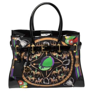 Pre Owned Ralph Lauren Black Printed Canvas and Patent Leather Buckle Tote
