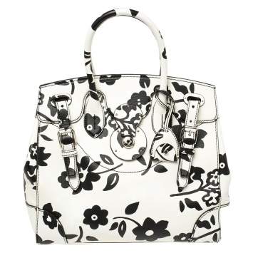 Pre Owned Ralph Lauren White/Black Floral Print Soft Leather Ricky Tote