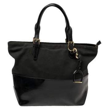 Pre Owned Ralph Lauren Black Patent Leather and Canvas Shopper Tote