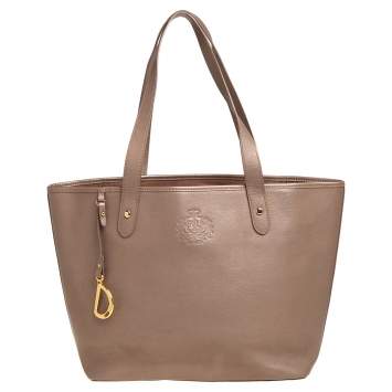 Pre Owned Ralph Lauren Metallic Dark Beige Leather Logo Embossed Tote
