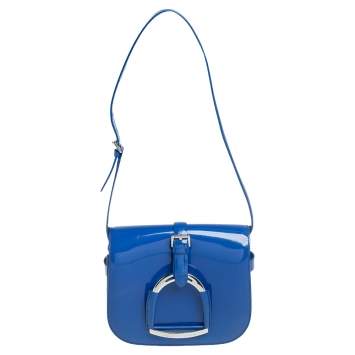 Pre Owned Ralph Lauren Blue Patent Leather Stirrup Flap Shoulder Bag