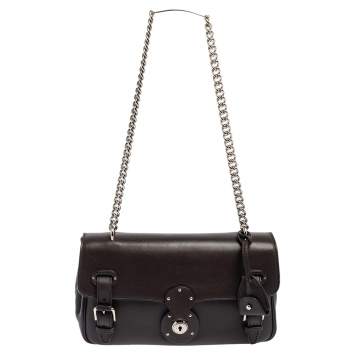 Pre Owned Ralph Lauren Dark Brown Leather Ricky ID Chain Shoulder Bag