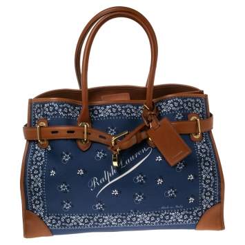 Pre Owned Ralph Lauren Navy Blue/Brown Printed Fabric and Leather Buckle Lock Tote