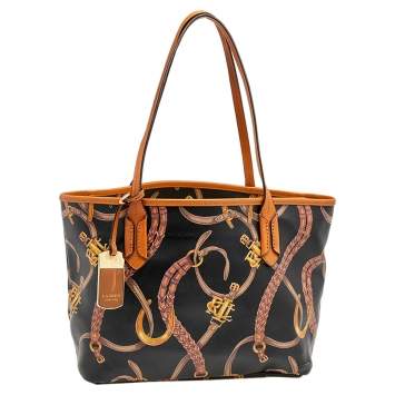 Pre Owned Ralph Lauren Black/Brown Equestrian Print PVC And Leather Shopper Tote
