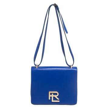 Pre Owned Ralph Lauren Blue Leather RL Flap Crossbody Bag