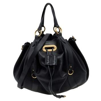 Pre Owned Ralph Lauren Black Perforated Leather Drawstring Hobo