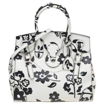 Pre Owned Ralph Lauren White/Black Floral Print Soft Leather Ricky Tote