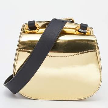 Pre Owned Ralph Lauren Metallic Gold/Black Leather Mini Saddle Bag
