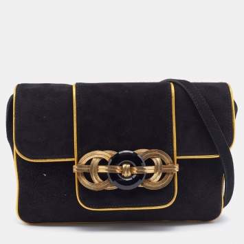 Pre Owned Ralph Lauren Black/Gold Suede And Leather Embellished Flap Shoulder Bag