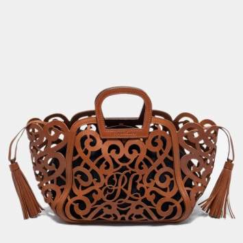 Pre Owned Ralph Lauren Brown Laser Cut Leather Small Vachetta Scroll Tote