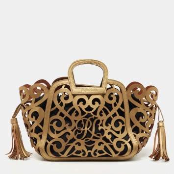 Pre Owned Ralph Lauren Metallic Gold Laser Cut Leather Vachetta Scroll Tote