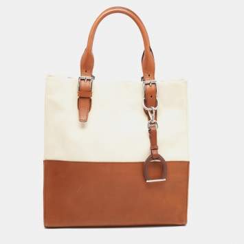 Pre Owned Ralph Lauren Cream/Tan Canvas and Leather  Shopper Tote