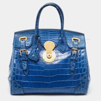 Pre Owned Ralph Lauren Blue Shine Crocodile Ricky 33 Tote