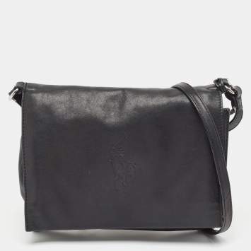 Pre Owned Ralph Lauren Black Leather Logo Embossed Flap Messenger Bag