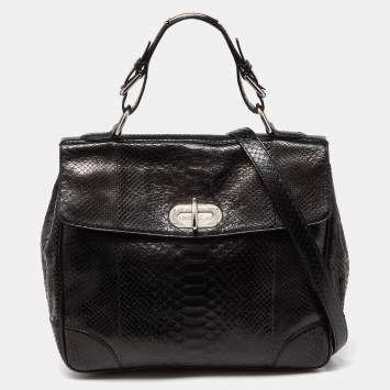 Pre Owned Ralph Lauren Black Python Flap Buckle Top Handle Bag