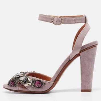 Pre Owned Ralph Lauren Purple Suede Crystal Embellished Ankle Strap Sandals Size 39