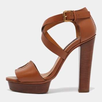 Pre Owned Ralph Lauren Brown Leather Ankle Strap Platform Sandals Size 36