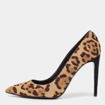 Pre Owned Ralph Lauren Brown Leopard Print Calf Hair Pointed Toe Pumps Size 38.5