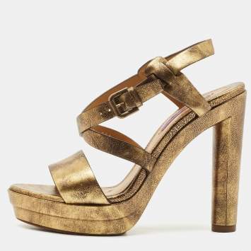 Ralph Lauren Metallic Gold Leather Estrid Platform Ankle Strap Sandals Size 39.5