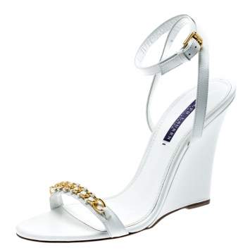 Pre Owned Ralph Lauren White Leather Chain Detail Ankle Wrap Wedge Sandals Size 40