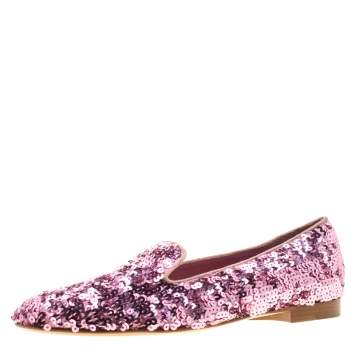 Pre Owned Ralph Lauren Pink Sequin Embellished Quintessa Pewter Smoking Slippers Size 37