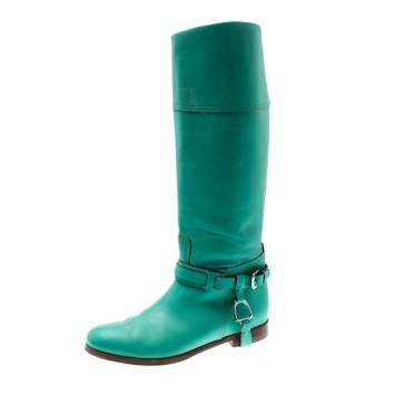 Pre Owned Ralph Lauren Collection Green Leather Buckle Detail Knee Length Boots Size 39